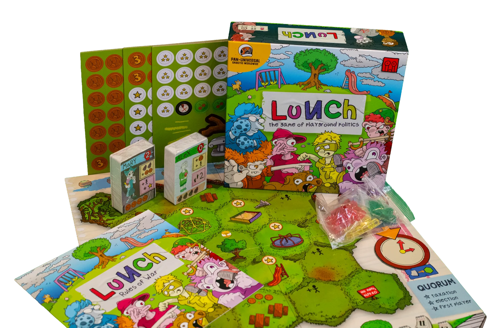 Lunch game board, cards, tokens, and illustrated box